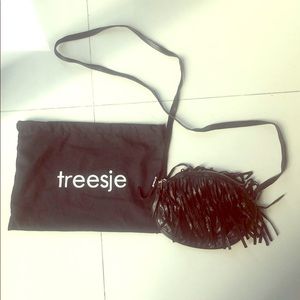Treesje black leather crossover bag with fringe